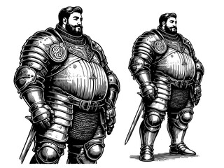 Fototapeta premium medieval knight in ornate armor, holding a sword, depicted from two angles sketch engraving generative ai fictional character PNG illustration. Scratch board imitation. Black and white image.