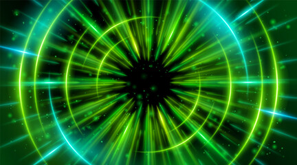Futuristic abstract background with a radial burst of light and energy, dynamics emanating from the center. Speed. Blue, Green light rays emit and create glowing particle effects.