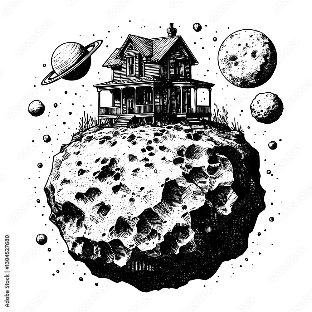 Poster house perched on a floating asteroid, surrounded by planets and celestial objects in outer space ske