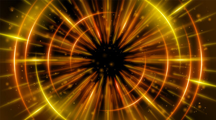 Futuristic abstract background with a radial burst of light and energy, dynamics emanating from the center. Speed. Red, orange and yellow light rays emit and create glowing particle effects.