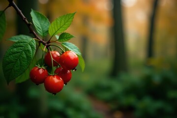 Obraz premium Lush Green Foliage with a Cluster of Vibrant Red Berries Glistening with Dew Drops in a Serene Autumnal Woodland Setting