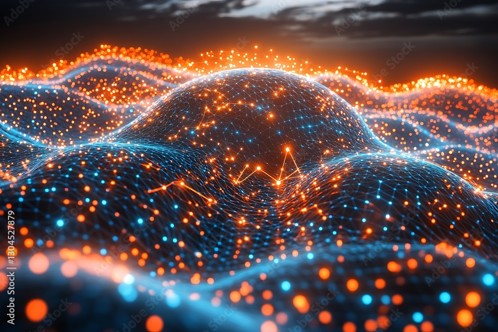 Poster Abstract interconnected network with glowing nodes and dynamic topology