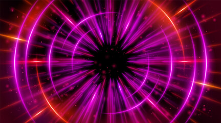 Futuristic abstract background with a radial burst of light and energy, dynamics emanating from the center. Speed. Red, purple and pink light rays emit and create glowing particle effects.