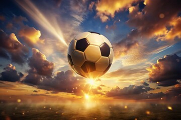 Fototapeta premium Dramatic Golden Hour Soccer Ball Levitation Night Photography