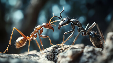 A detailed view of an ant fighting with a rival, with a transparent background. --ar 16:9
