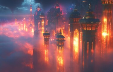 Mystical City with Glowing Towers Amid Swirling Clouds