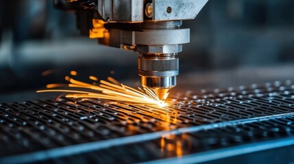 High-speed CNC laser cutting machine engraving metal plates.