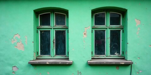 A pair of aged green windows framed in weathered teal, set within a wall of peeling mint paint exhibiting signs of time and decay