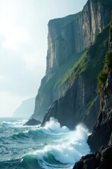 Ocean waves crashing against dramatic coastal cliffs, a breathtaking scene of nature's power and serene beauty