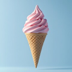 A delicious looking pink soft serve ice cream cone appears against blue