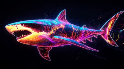 Electric Shark. Neon Great White Shark With Colorful Energy Trails On A Black Background.