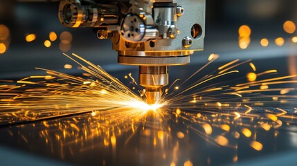 High-speed plasma cutter slicing through thick metal sheets.