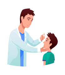 Fototapeta premium Eyesight diagnostics. Optometrist checking kid eyesight. Eyes test procedure in hospital. Ophthalmologist doctor examining eyesight vision of patient