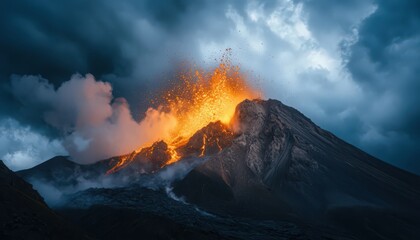 Night Volcanic Eruption With Lava Flowing Down Dark Mountain Under Dramatic Sky