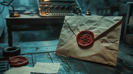 A sealed envelope with a red wax seal and a paintbrush sitting on top of it.