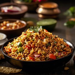 Bowl of bhel puri with crunchy mixture and colorful ingredients on display