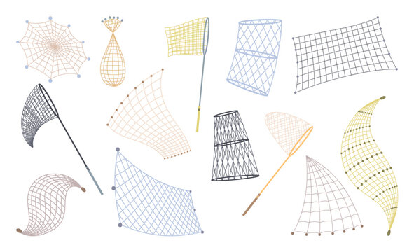 Fish net icons, isolated fishnets and fish scoops. Mesh tool used for catching. Device for safely transferring fish from one container to another or water. Vector cartoon illustration