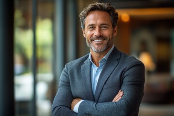 Fototapeta premium A close-up shot of a sharp, professional male in a blazer with arms crossed, his gaze direct, exuding confidence and approachability within a modern