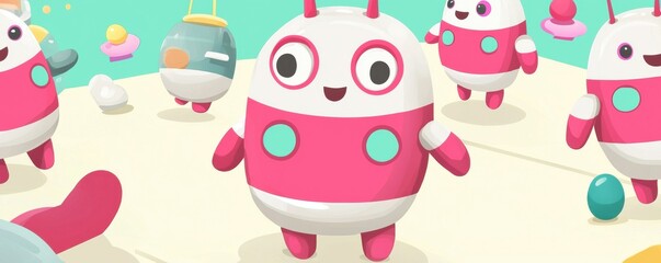 Fototapeta premium Playful Pink and White Robots in Pastel Pixel Art Landscape