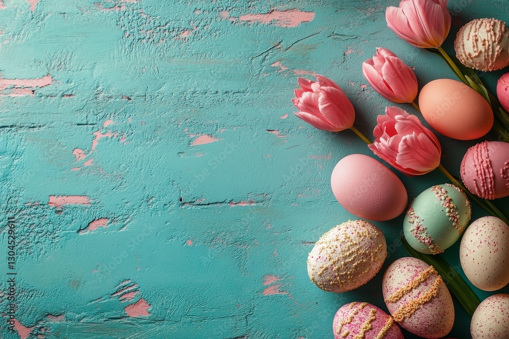 Poster the concept of happy easter is represented by a frame with a top border consisting of tulips, spring