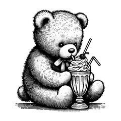 teddy bear wearing a hat and bow tie, sipping a milkshake with whipped cream and a cherry engraving generative ai sketch PNG illustration