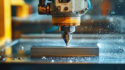 Large-scale industrial CNC machining center cutting a steel block.