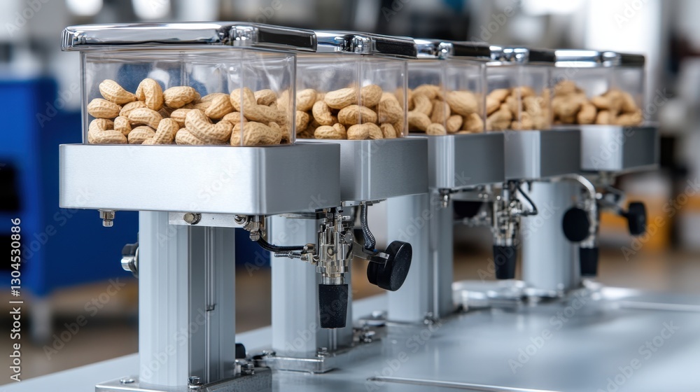 Poster multi-head scale filling machine accurately weighing and packing nuts.