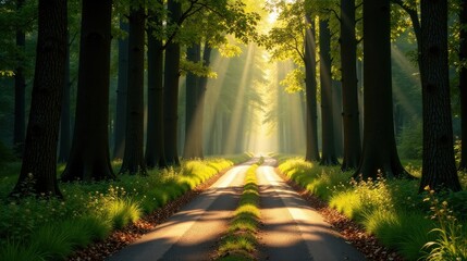 Sunlit Pathway Through a Verdant Forest of Tall Trees with a Gentle Slope