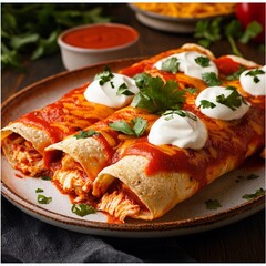 Plate of enchiladas with cheese sauce and corn tortillas on a wooden table
