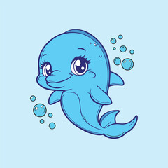 Obraz premium Cute cartoon dolphin with bubbles on a blue background. Vector illustration.