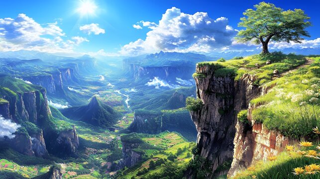 Lush Green Valley Landscape with Solitary Tree on Clifftop