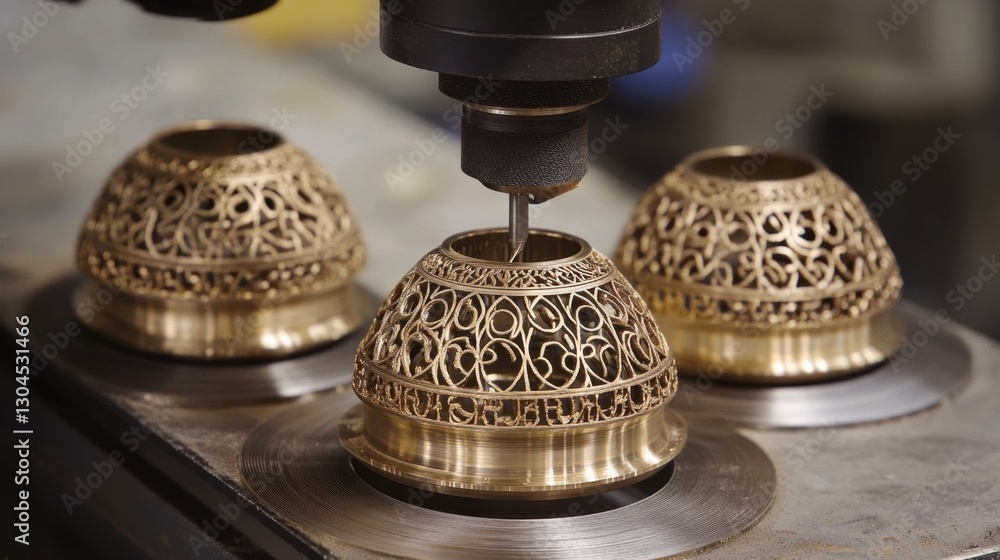 Poster precision cnc turning machine cutting intricate shapes into brass.