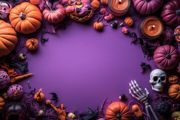 Pumpkins, bony hands, bats, and spiders are arranged in a flat lay on a purple background to convey a Happy Halloween theme