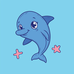 Naklejka premium Cute cartoon dolphin with starfish on blue background. Vector illustration.