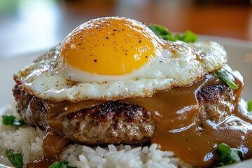 Close up of a traditional hawaiian loco moco dish served on a plate with rice and gravy