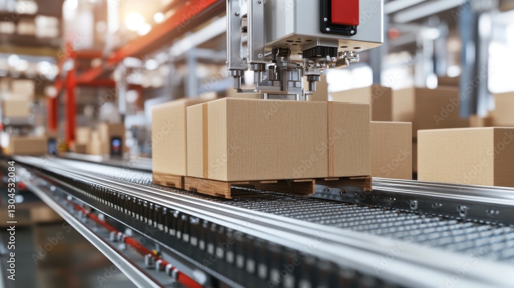 Poster smart conveyor system transporting sealed boxes for distribution.