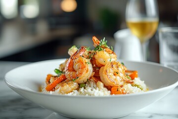 Honey garlic shrimp rice bowl served in a white bowl with vegetables and rice dish