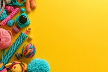Obraz premium The idea of pet care and training is illustrated by a flat lay arrangement of cat and dog toys and accessories on a bright yellow background