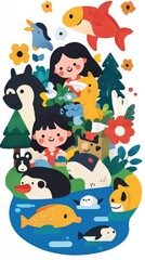 Two Girls Amidst a Vibrant World of Animals and Flora