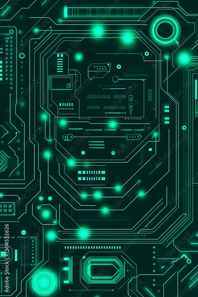 Poster advanced digital circuitry display with teal glowing elements intricate design