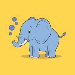 Cute elephant with bubbles on a yellow background. Vector illustration.