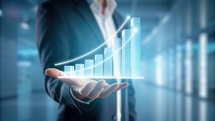 business growth holographic concept A business professional presenting a digital growth chart in a modern setting.