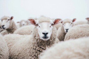 Flock of sheep grazes peacefully in a rustic farm setting alive with nature. Detailed closeup of brown and white sheep herd. Concept of sheep farming and herding. Open-air sheepfold. Farmhouse