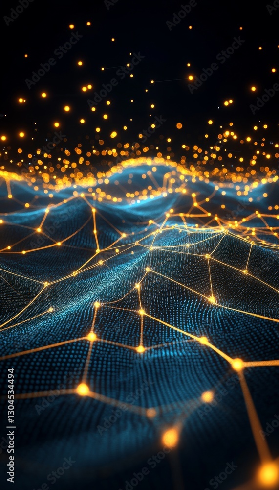 Aufkleber abstract data visualization, turquoise graph lines and golden nodes, electronic network perspective