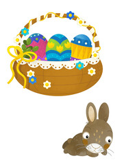 cartoon scene with colorful easter basket and rabbit on frame with white background for text - illustration for children