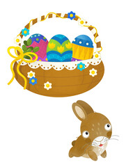 cartoon scene with colorful easter basket and rabbit on frame with white background for text - illustration for children