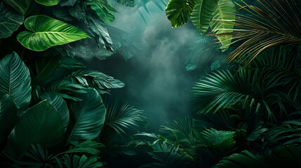 Lush Tropical Jungle with Dark Green Foliage and Misty Atmosphere