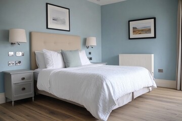 Serene bedroom with light blue walls, beige headboard, and white bedding. (1)