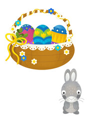 cartoon scene with colorful easter basket and rabbit on frame with white background for text - illustration for children