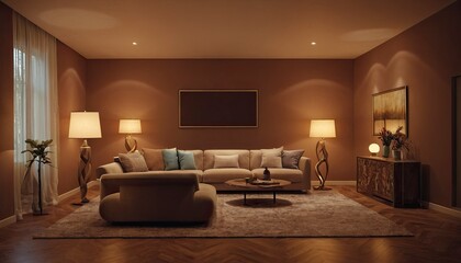Fototapeta premium Cozy Living Room: An inviting, contemporary living room bathed in warm, inviting light from elegant lamps, showcasing comfortable furniture, and a sleek, minimalist aesthetic.